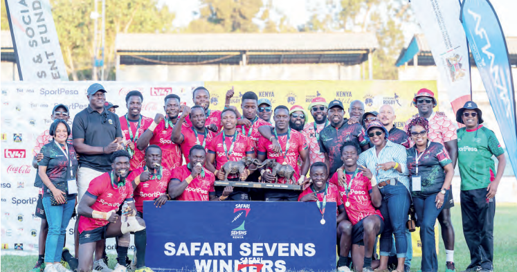Shujaa celebrate after winning the Safari Sevens