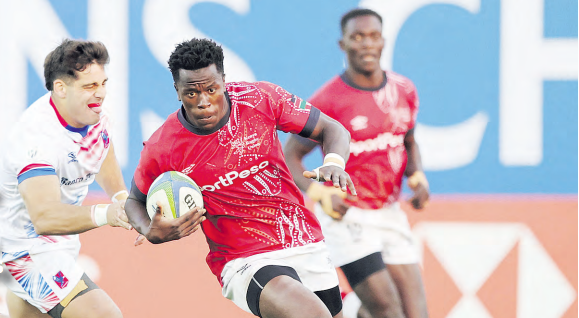 Kenya Sevens' John Okoth in action during a Challenger Sevens Series tournament