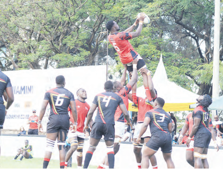 Kenya Simbas’ Hillary Odhiambo wins the line-out against Uganda in the Elgon Cup /FILE