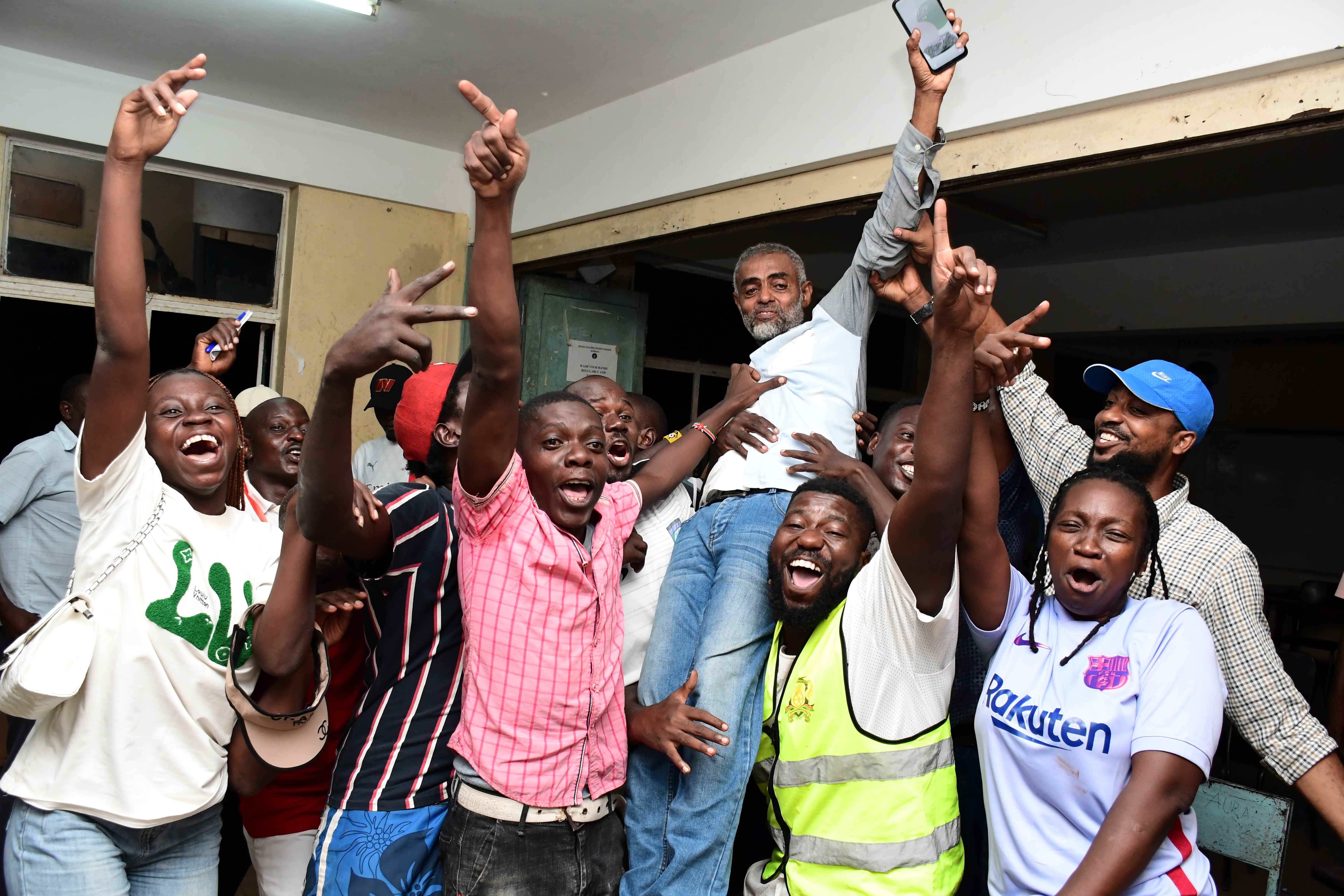 FKF Mombasa county chairman-elect Al-amin Abdallah celebrates his victory at the Shanzu Teachers Training College on Thursday evening.