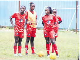 Kibera Soccer players during a training session at Ligi Ndogo grounds on Wednesday