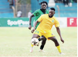 Sammy Imbuye shields the ball from Gor Mahia's Austine Odhiambo in a previous match