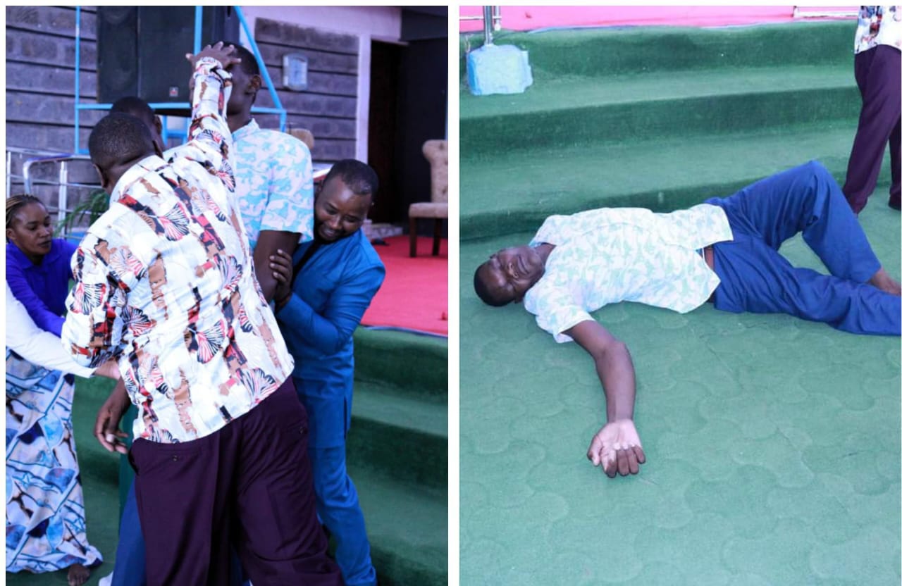 Goliath wa Bungoma azirai wakati akiombewa na Mchungaji Kanyari kanisani mwake