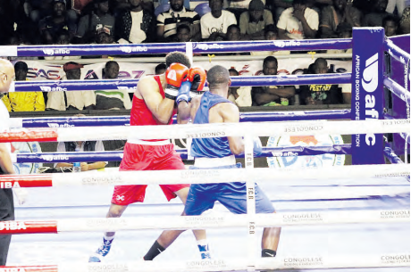 Boniface Mogunde and opponent in a recent Africa Boxing Championships /HANDOUT