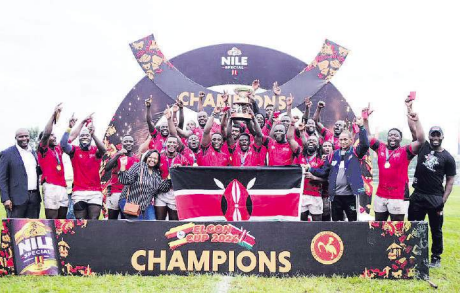Simbas celebrate with the trophy after beating Uganda to win the Elgon Cup