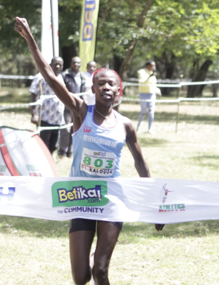 Hellen Ekalale finishes the women's 10km race at the Olkalou Cross Country