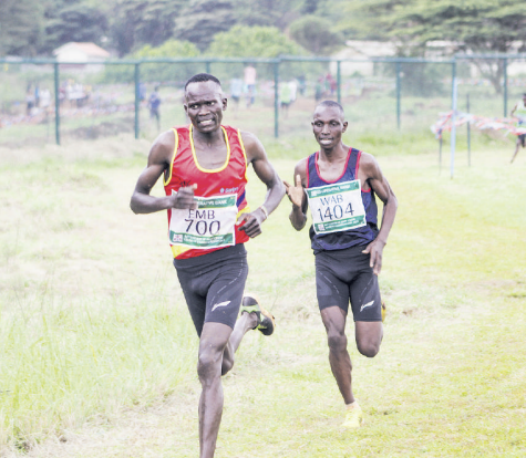 Kibiwot Kandie leads Wesley Yego to the finish during the KDF Cross Country Championships /TEDDY MULEI