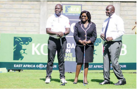 Director Mulisa, chairlady Mkok and president Ochola at the Royal National Golf Club /TEDDY MULEI