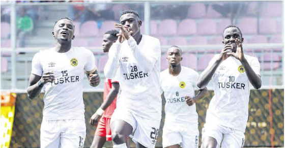 Tusker's Chrispine Orambo celebrates with Ryan Ogam and Dennis Oguta during a past KPL match /HANDOUT