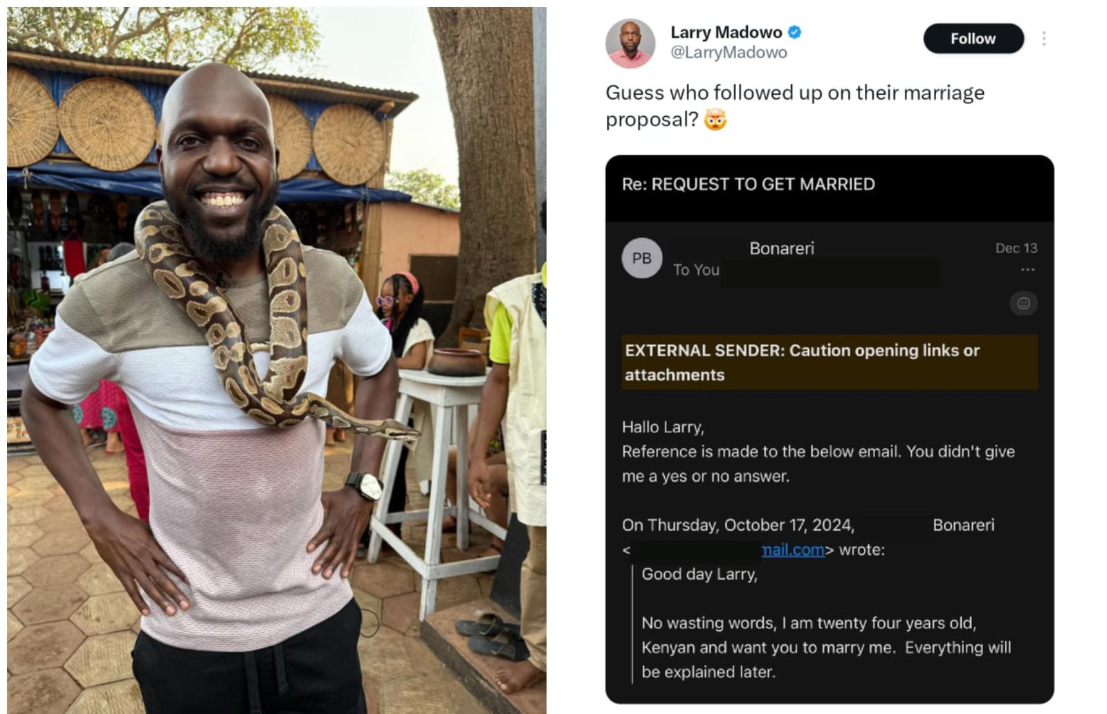 Mwanadada aliyetuma ombi la ndoa kwa Larry Madowo mwaka wa 2023 adai jibu
