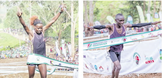 Janet Chepng'etich and Alfred Cheruiyott during the Barng'etuny Mountain Run / ANGWENYI GICHANA