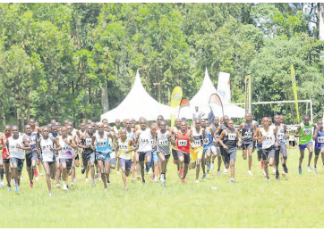 Athletes battle it out in the seenior men's 10km race during the Betika/AK cross country meet at Cardinal Otunga High School, Mosocho. /ANGWENYI GICHANA