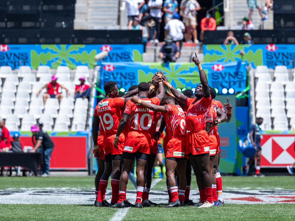 Kenya sevens side celebrate a try against Ireland  during the Vancouver sevens