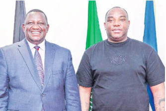Sports CS Salim Mvurya (L) with Harambee Stars head Coach Benni McCarthy /HANDOUT