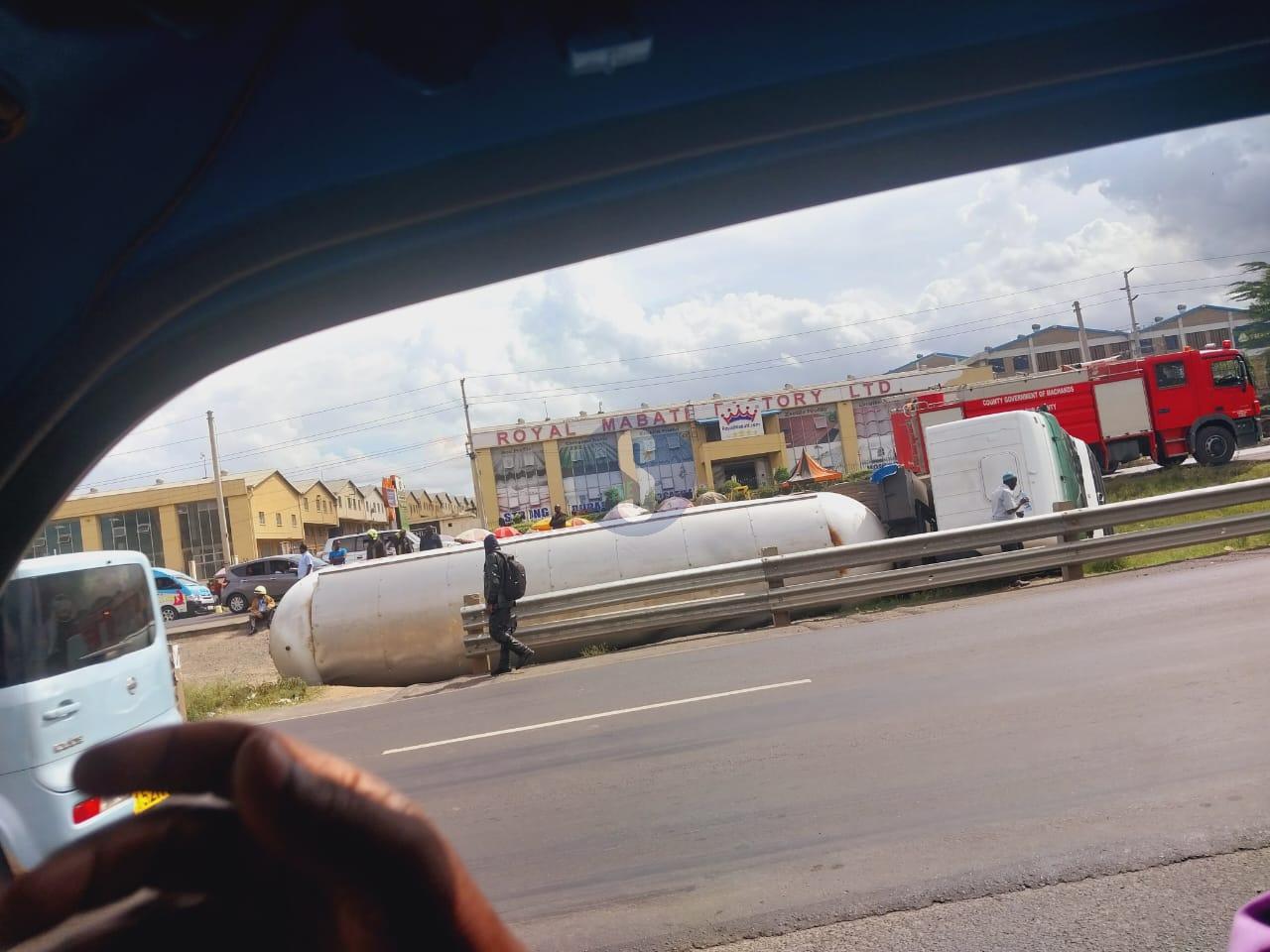 Gas tanker overturns on Mombasa Road