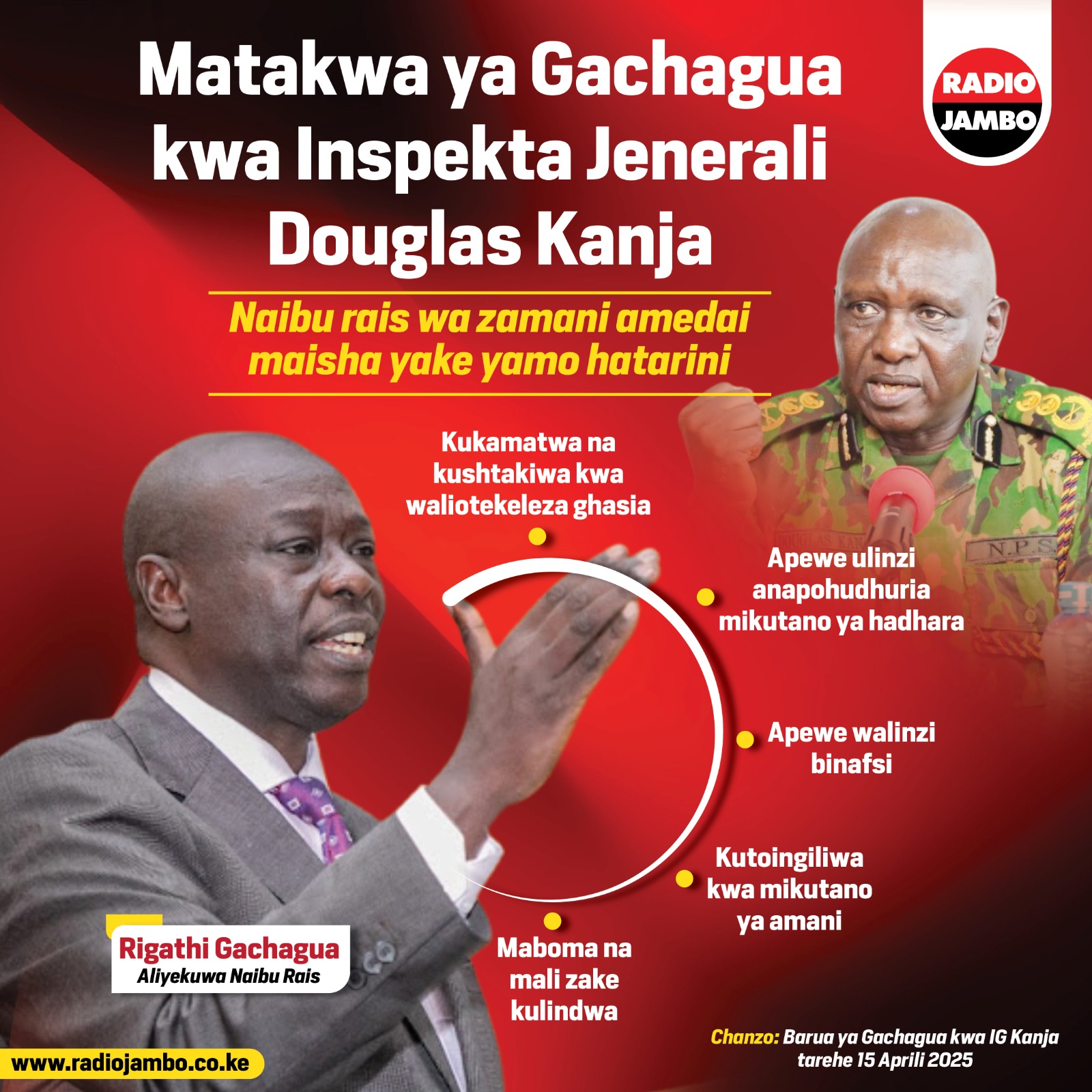 Tazama matakwa ya Gachagua kwa Inspekta Jenerali wa Polisi Douglas Kanja