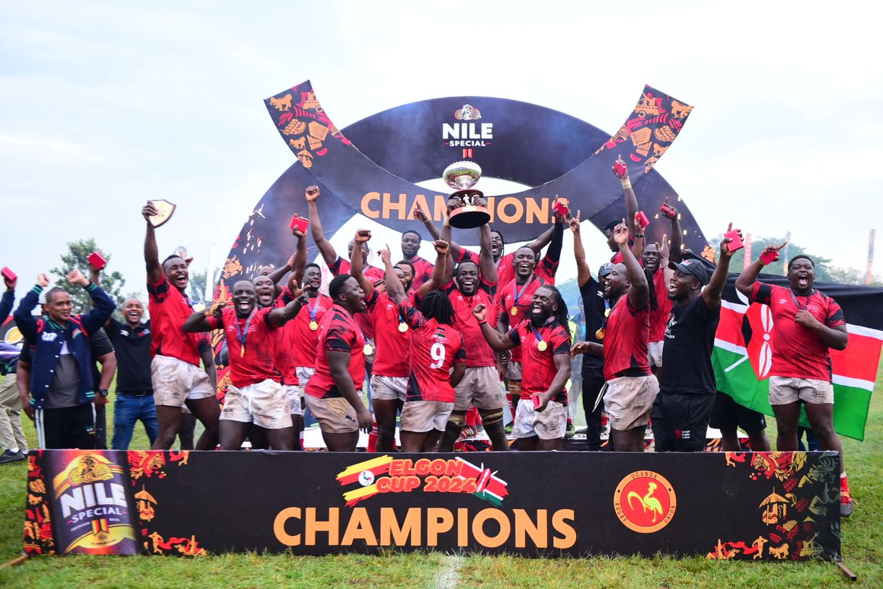 Simbas' players celebrate winning the Elgon Cup last year in Kampala