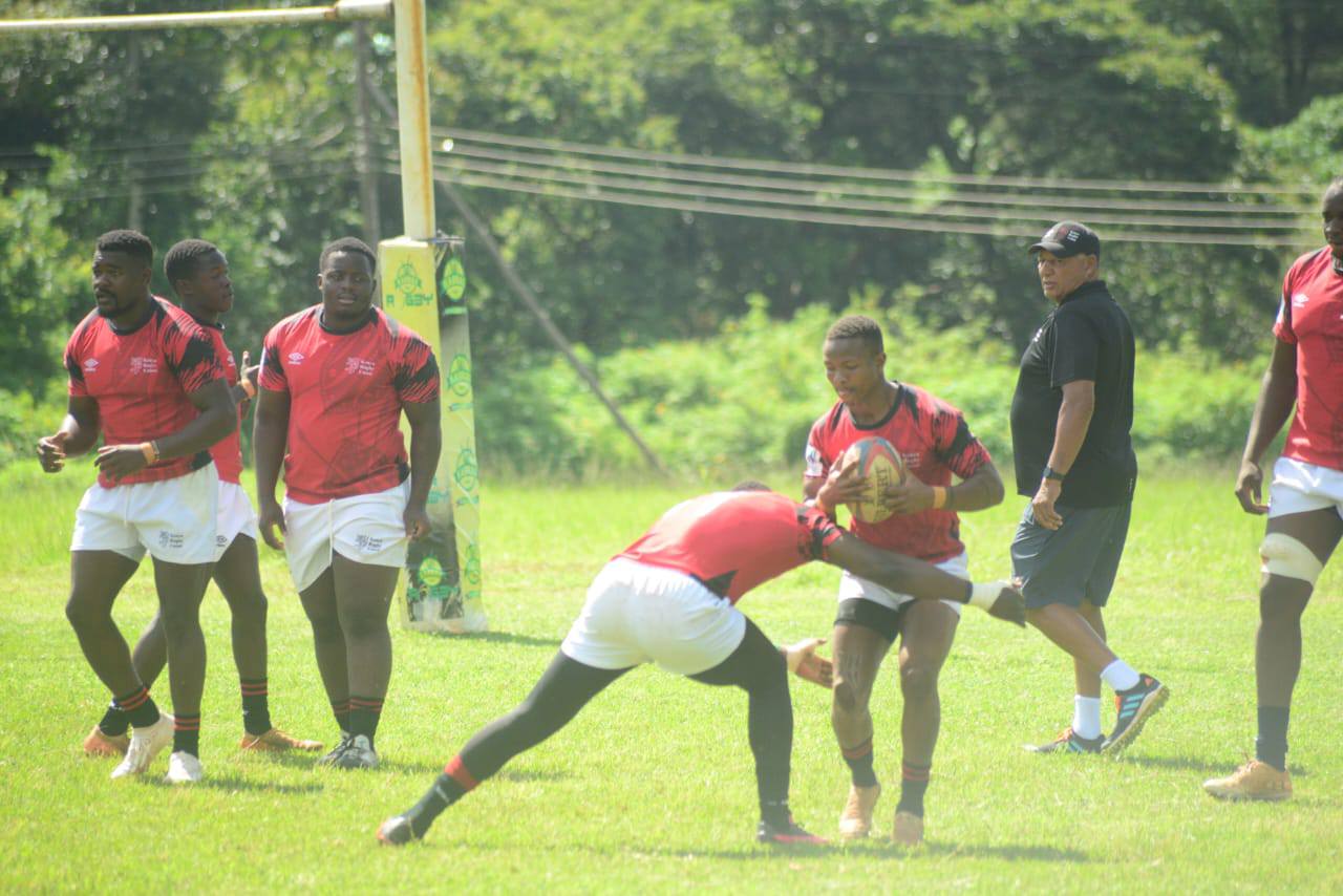 Kenya Simbas scrumhalf Samuel Asati is tackled by Beldad Ogeta during the training camp held in Kakamega