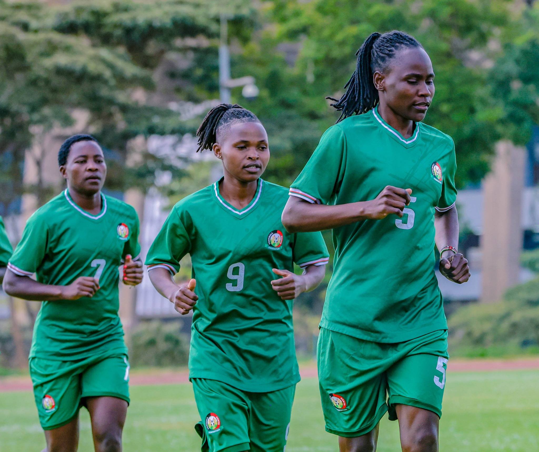Harambee Starlets captain Dorcas Shikobe leads her team mates during a their last training session at Kasarani Annex