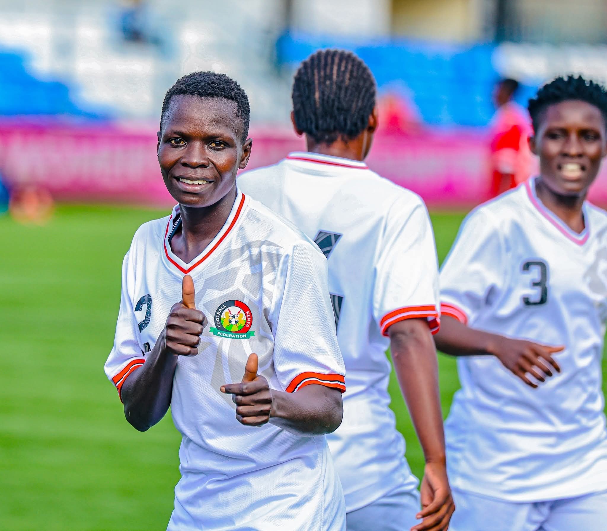 Martha Amunyolet  celebrates her goal against Uganda in the ongoing CECAFA women's tournament in Dar es Salaam