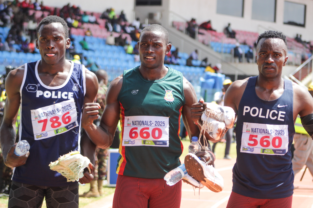 George Mutinda (L), Kelvin Kipkorir and Brian Tinega at the AK National Championships/ TEDDY MULEI