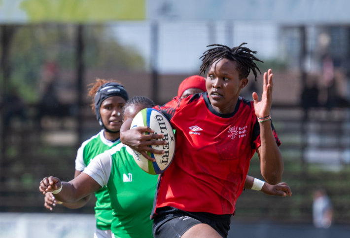 Kenya Lionesses vice-captain Maureen Chebet in action against Madagascar
