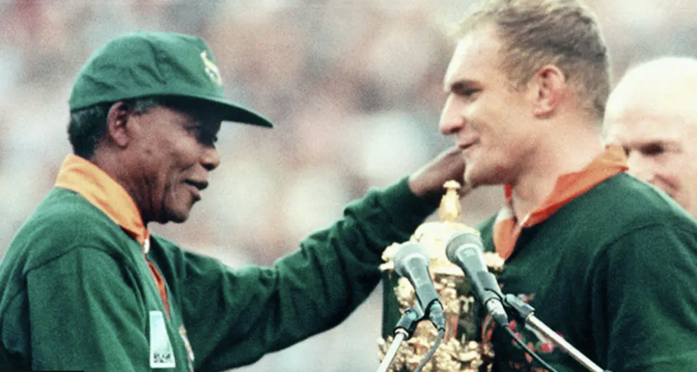 Former South Africa President Nelson Mandela in  a green Springboks jersey/SCREENGRAB