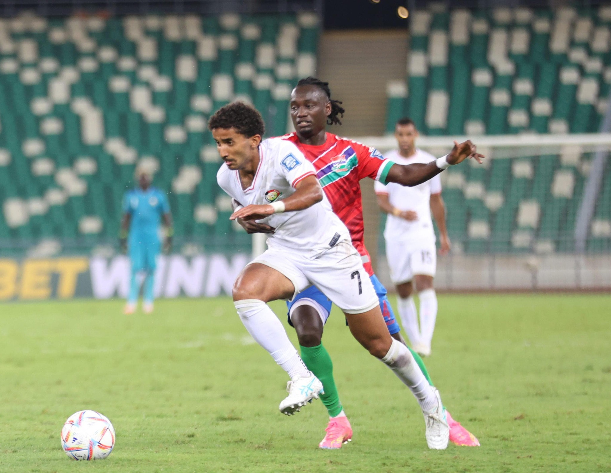 Harambee Stars' Mohammed Bajaber in action against the Gambia during a 2026 World Cup qualifier in March