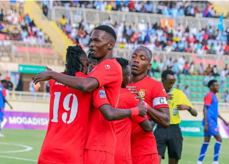 Kenya Police players Charles Ouma, Eric Zakayo, David Okoth and Abud Omar celebrate their goal in the first leg/HANDOUT