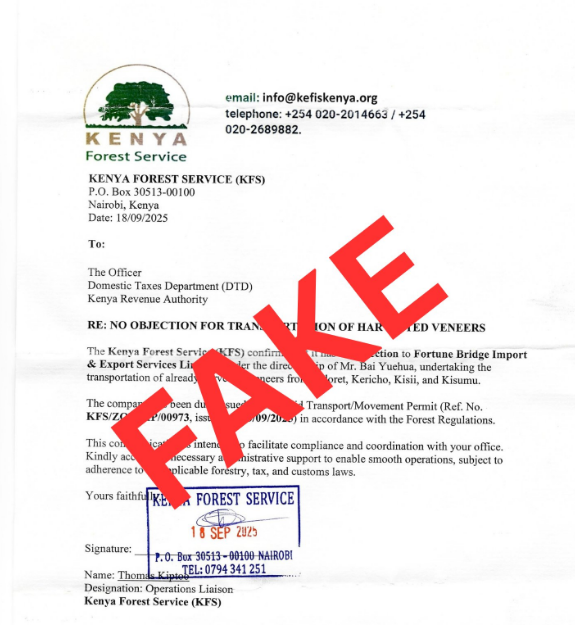KFS flags fake letters authorising veneer transportation