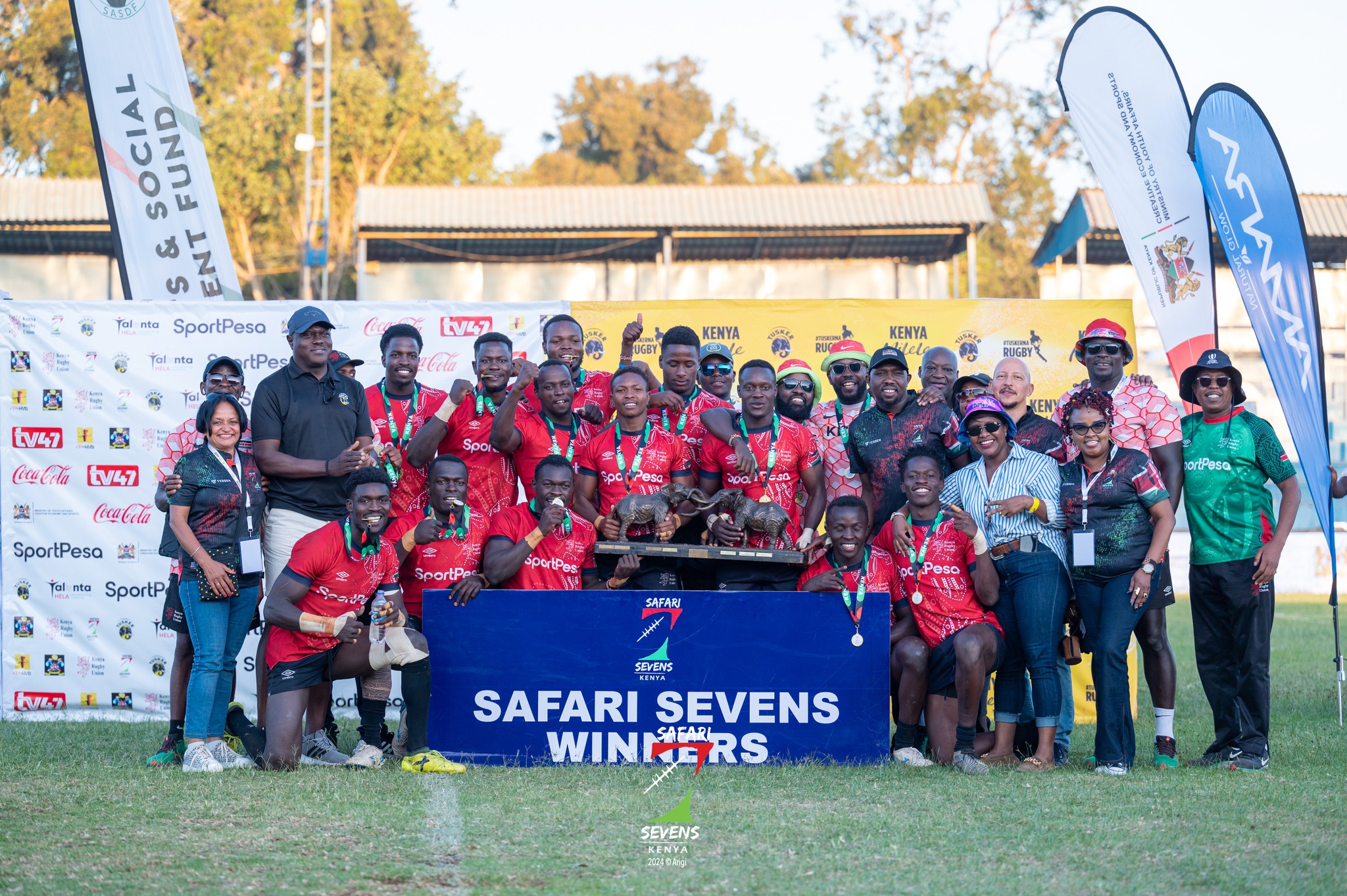 Shujaa poses with the trophy after clinching the 2024 Safari sevens title