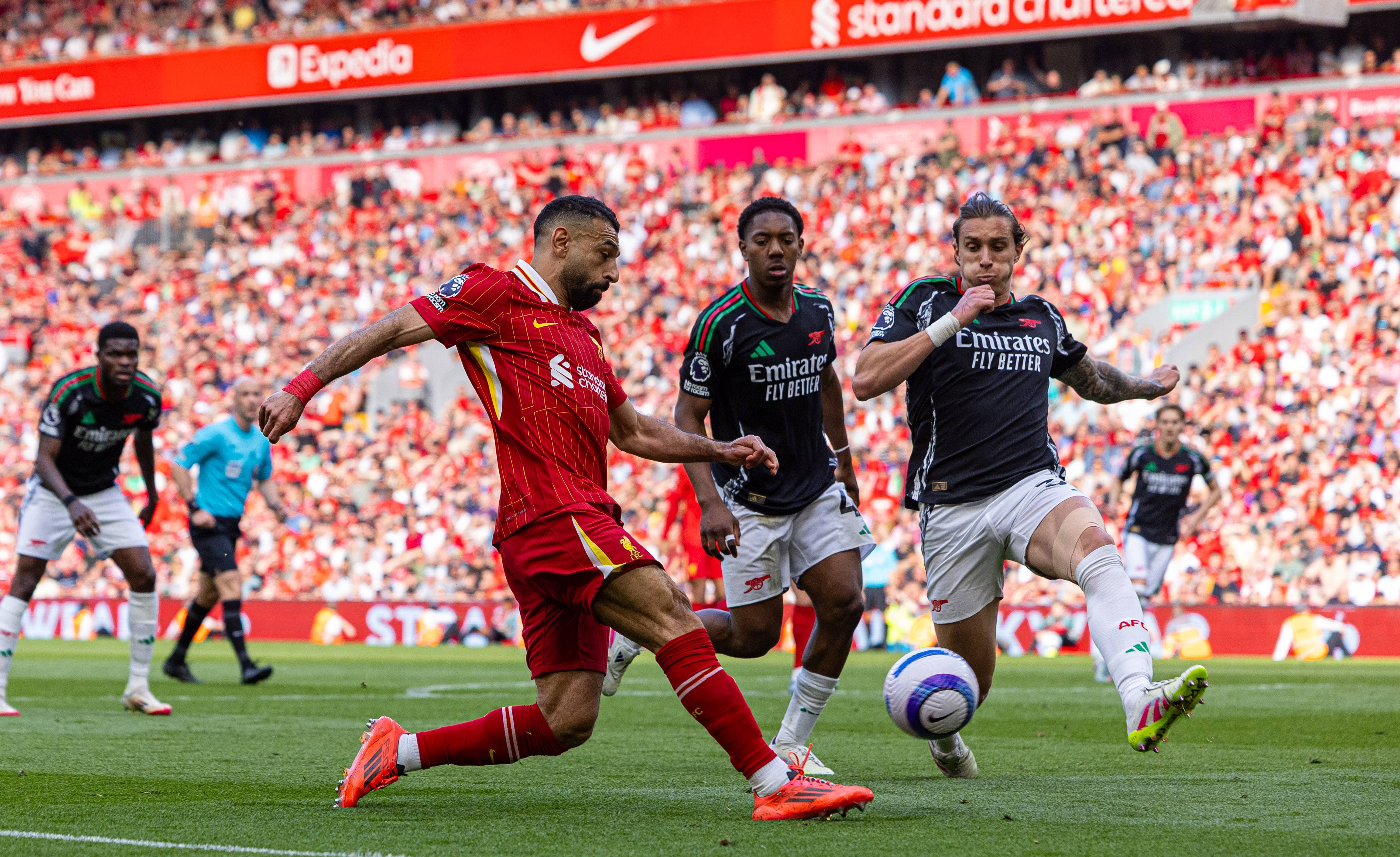 Liverpool’s Mohamed Salah (L) vies for the ball during a recent English Premier League match against Arsenal