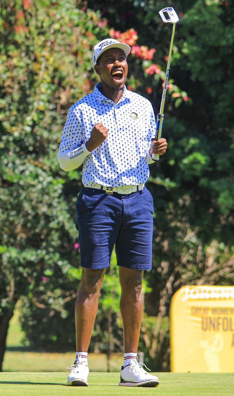 John Lejirma celebrates after winning the Johnnie Walker Classic, the sixth leg of the Sunshine Development Tour - East Africa Swing at Royal Nairobi Golf Club