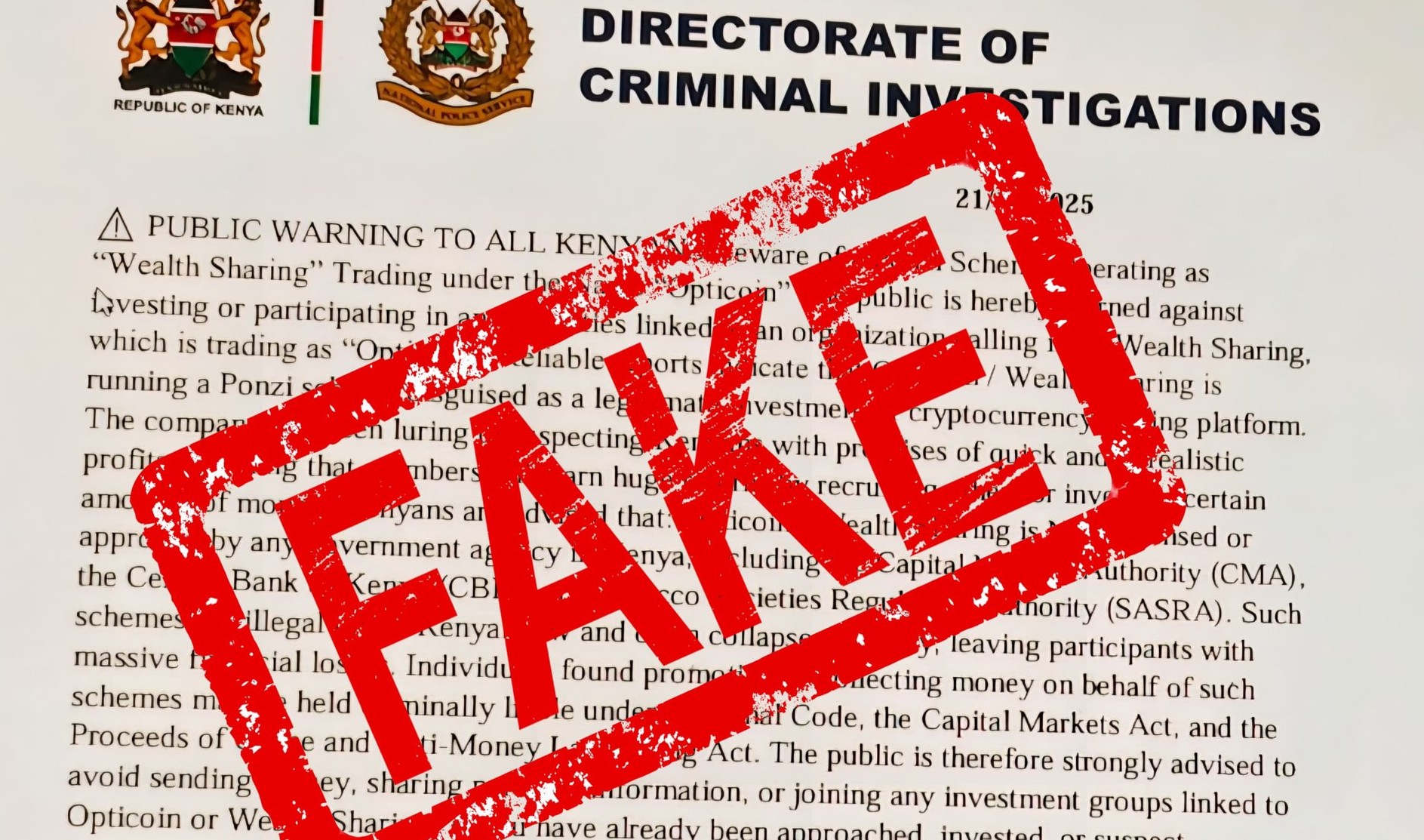 DCI Exposes 'Wealth Sharing' Investment Warning as Cybercrime Hoax in Kenya
