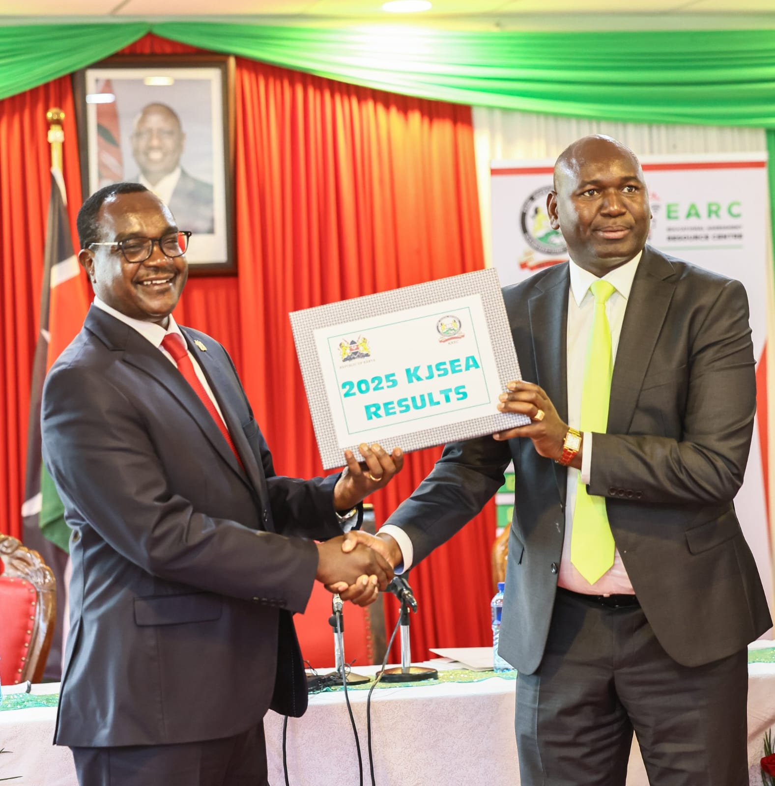 Education Cabinet Secretary Julius Ogamba with Basic Education Principal Secretary Julius Bitok during the release of 2025 KJSEA on December 11, 2025/X