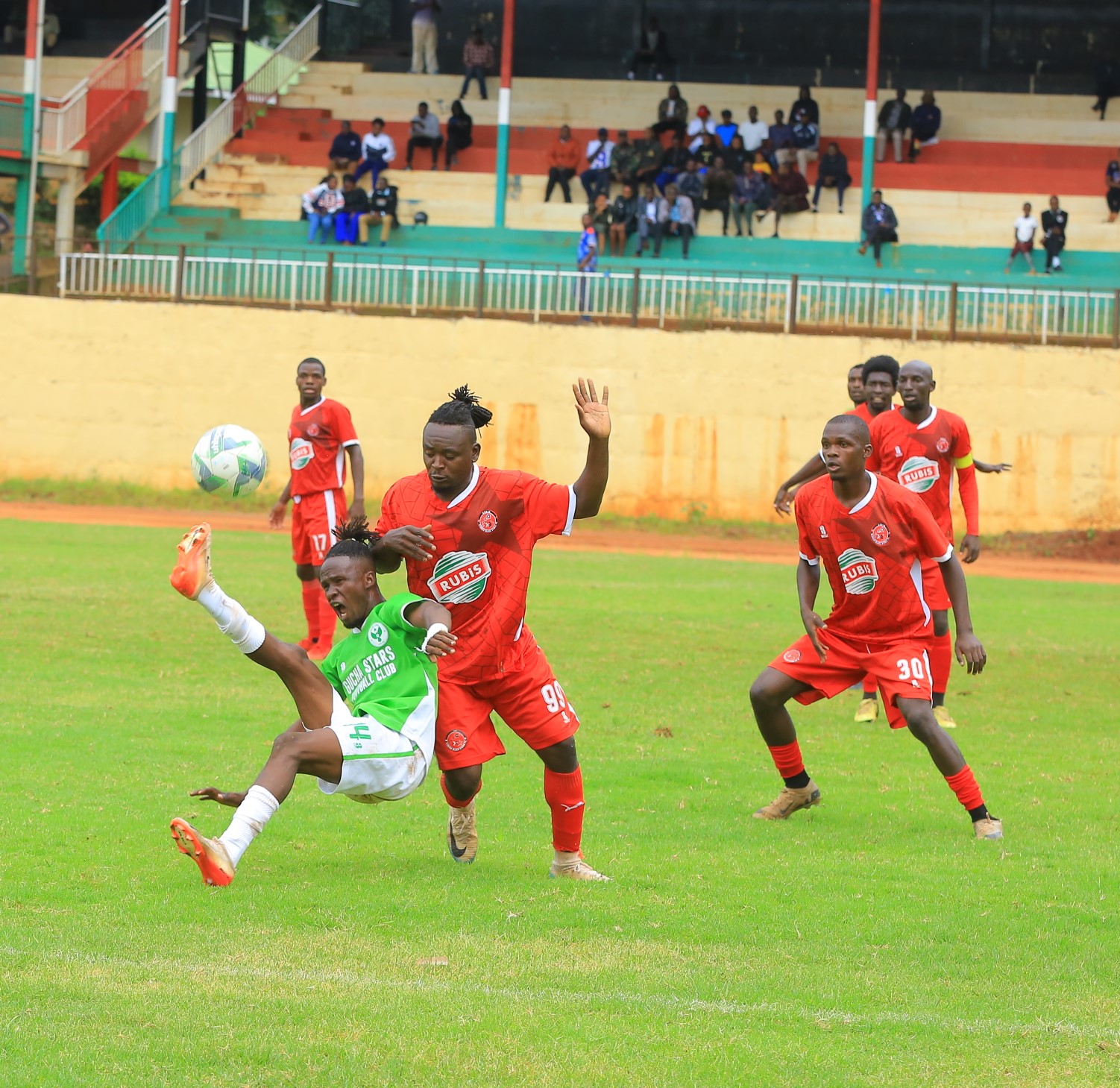Gucha Stars' Umar Iliyasu goes for the ball during an NSL game against Gucha Stars at Gusii Stadium