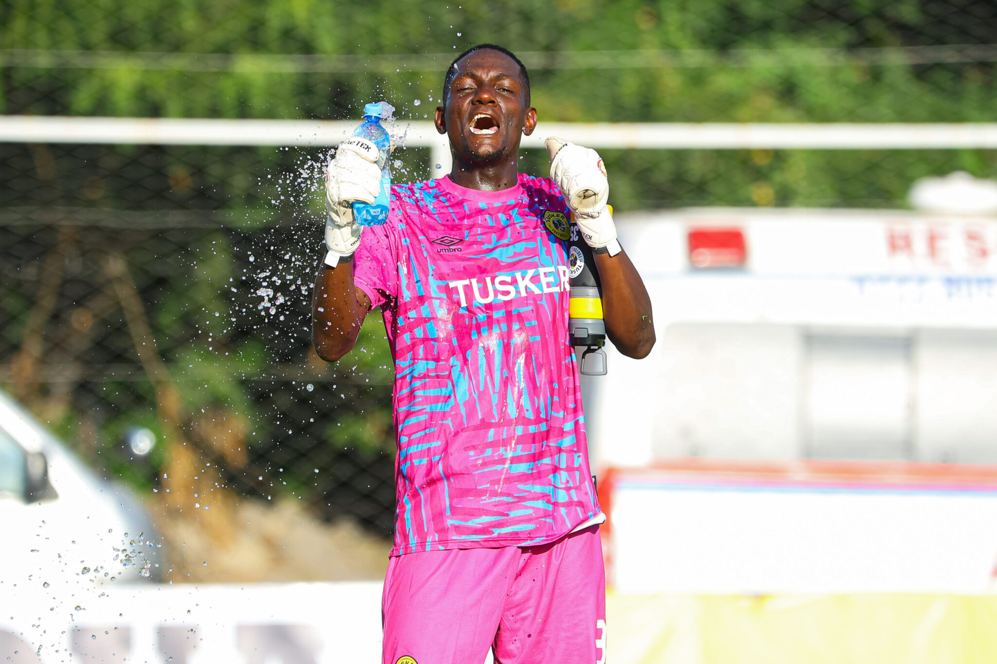 Tusker goalkeeper Brandon Obiero celebrates after the win against Ulinzi Stars on Friday