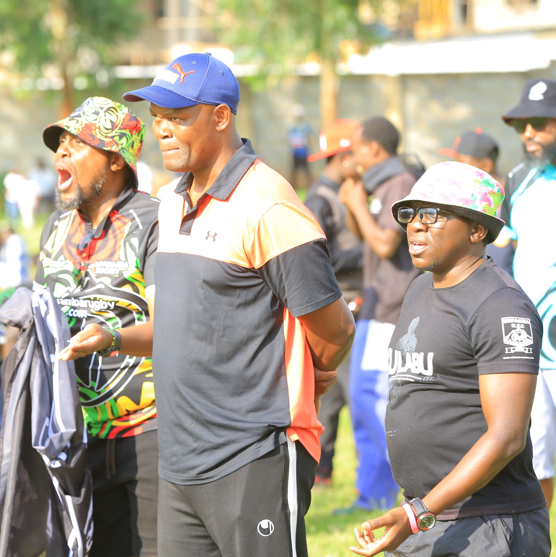 Mwamba coach Paul Murunga (c) follows proceedings during the game against Kisii Rugby