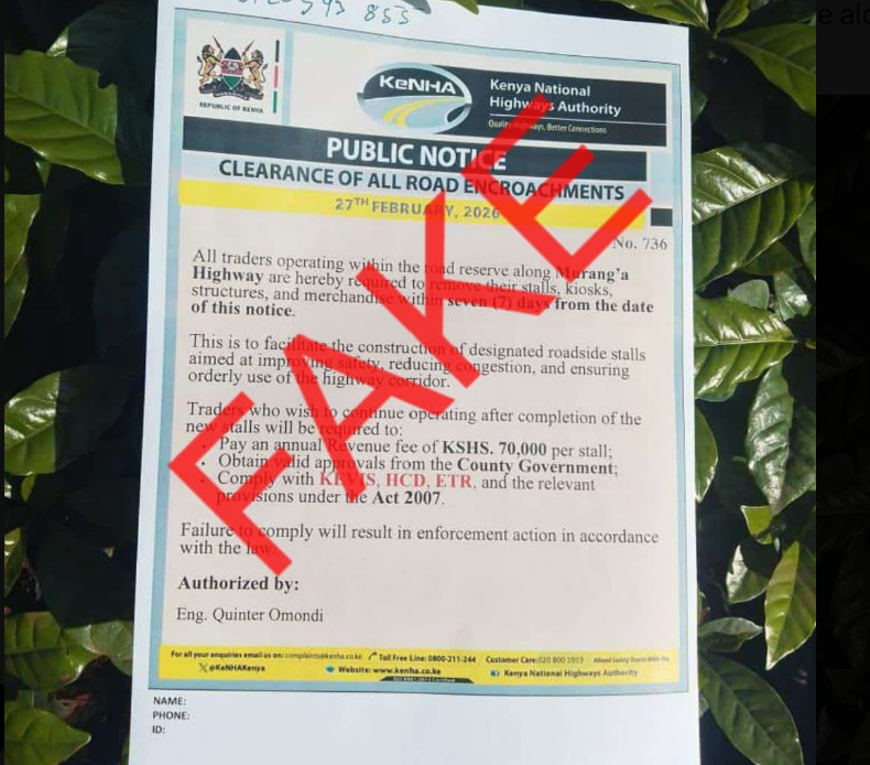 KeNHA disowns fake Murang’a Highway eviction notice