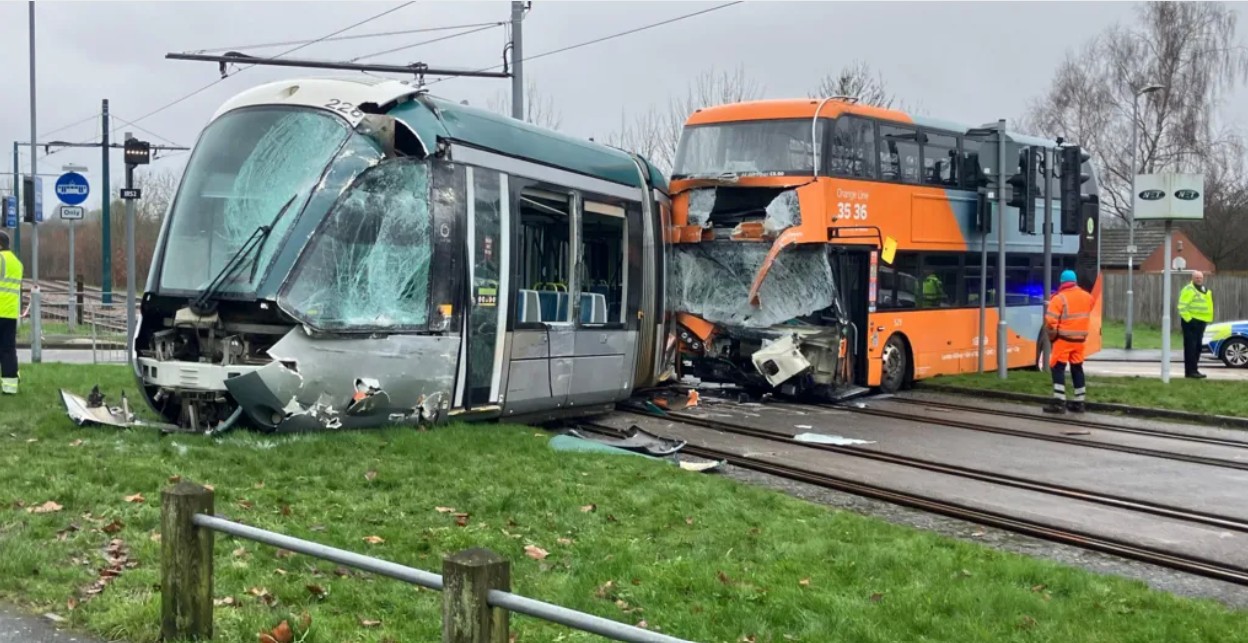 Passengers hurt as tram derailed in bus crash