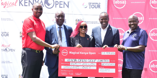 KOGL Commercial Director Ronald Meru with State Department of Sports Secretary Administration Evans Achoki, Absa’s Marketing &amp; Corporate Affairs Director Mwihaki Wachira, Absa Bank Kenya CEO Abdi Mohamed and KOGL chairman Patrick Obath/HANDOUT