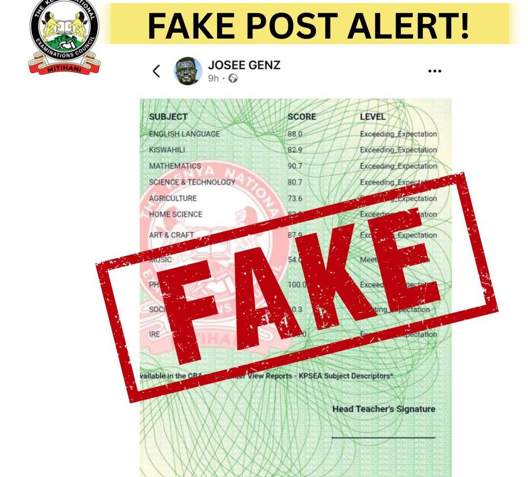 KNEC: KPSEA results slip circulating online fake