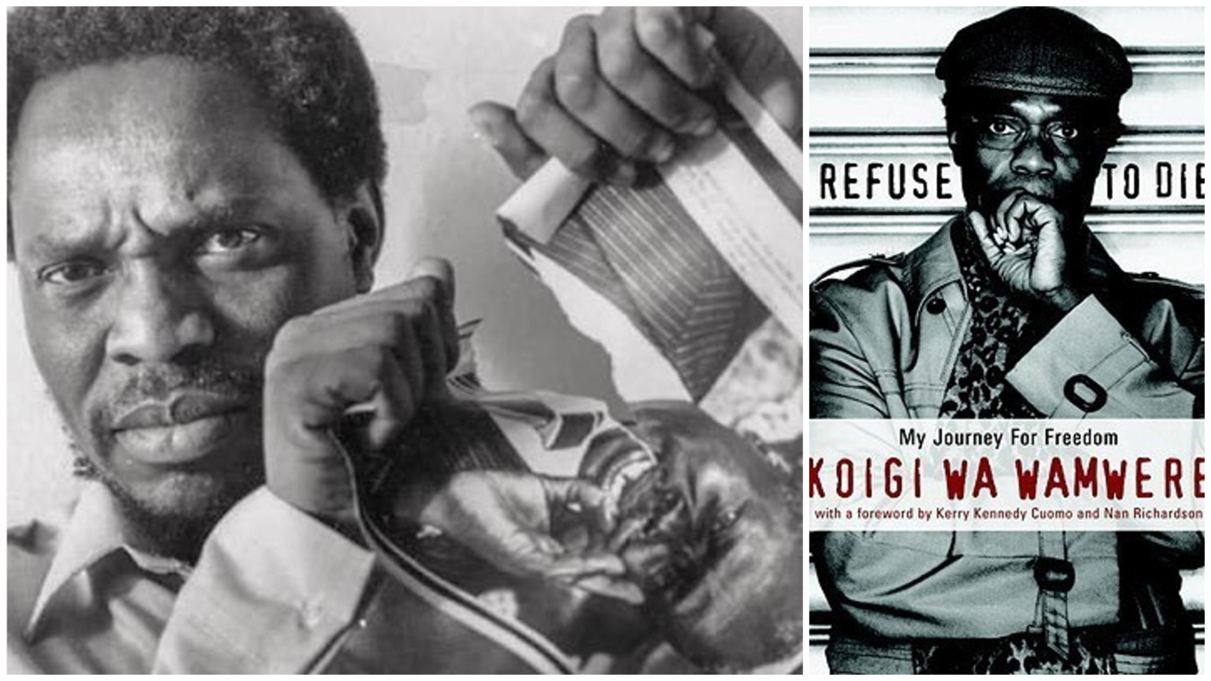 Koigi wa Wamwere tears  a poster of  President Moi after his release from detention in 1993. Right, the cover of his memoir