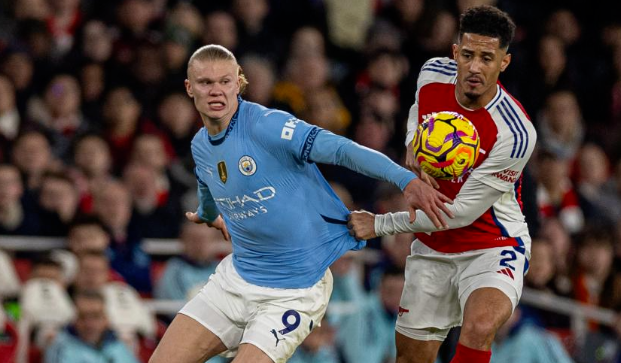 Manchester City's Erling Haaland vies for the ball with Arsenal's William Saliba on February 2, 2025/XINHUA
