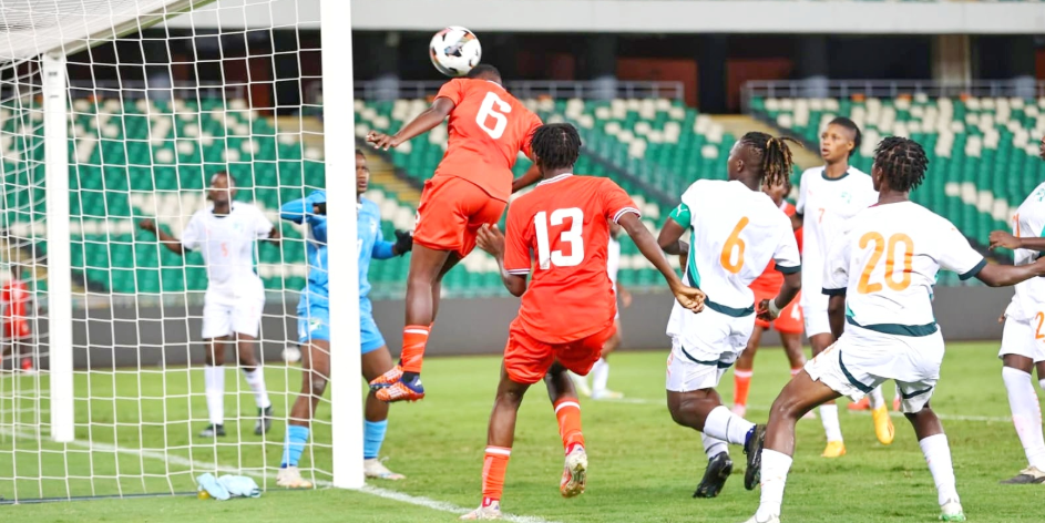 Harambee Starlets' Valerie Nekesa rises for a header during a friendly match against Cote d’Ivoire on Wednesday night/HANDOUT