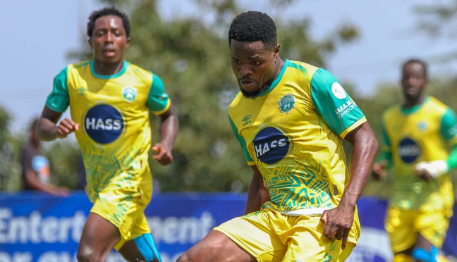 Nairobi United's Benson Omala in action as teammate Kevin Wang'aya looks on during a past league encounter/NAIROBI UNITED