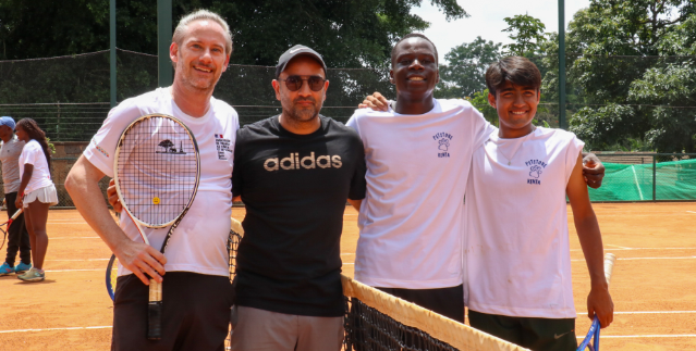 French ambassador to Kenya, Arnaud Suquet, alongside Aleem Ladha and Kenya U-16 players Jeff Okuku and Aum Chandarana/HANDOUT