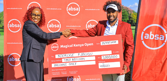 Absa Bank Kenya Marketing and Corporate Affairs Director Mwihaki Wachira presents a KES. 2 million cheque reward to pro golfer Njoroge Kibugu/ HANDOUT