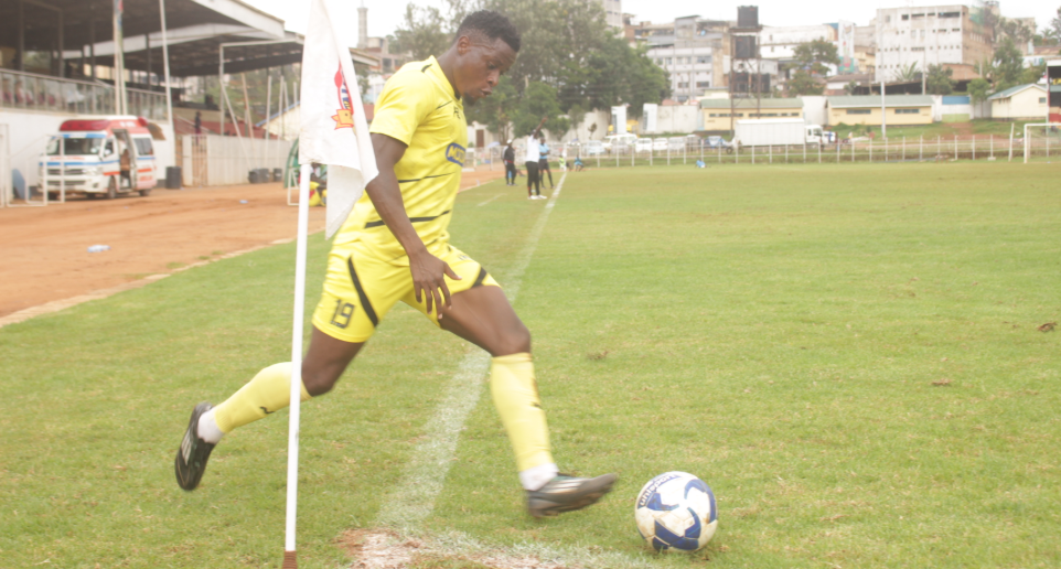 Migori Youth forward Michael Isabwa takes a free kick at Gusii Stadium/ANGWENYI GICHANA