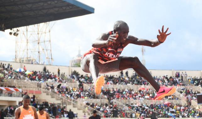 Sprinter Zablon Ekwam prepares for the 400m at the 2024 Kip Keino Classic at Nyayo stadium/ HANDOUT